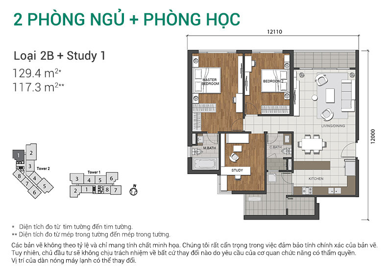 Thiết kế căn hộ loại 2B + Study 1