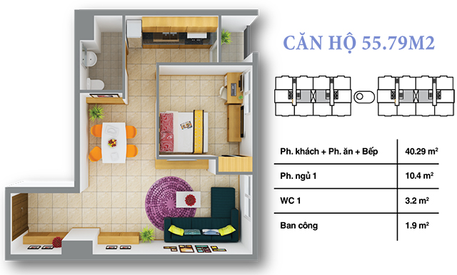 Thiết kế căn hộ 55.79m2