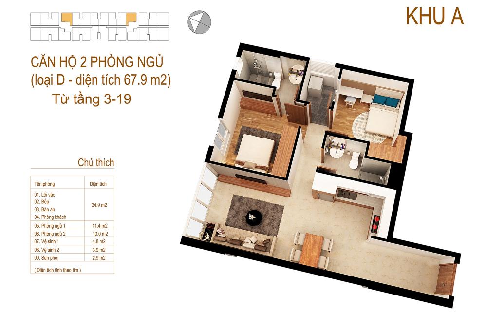 Căn hộ 2 PN - 67.9m2