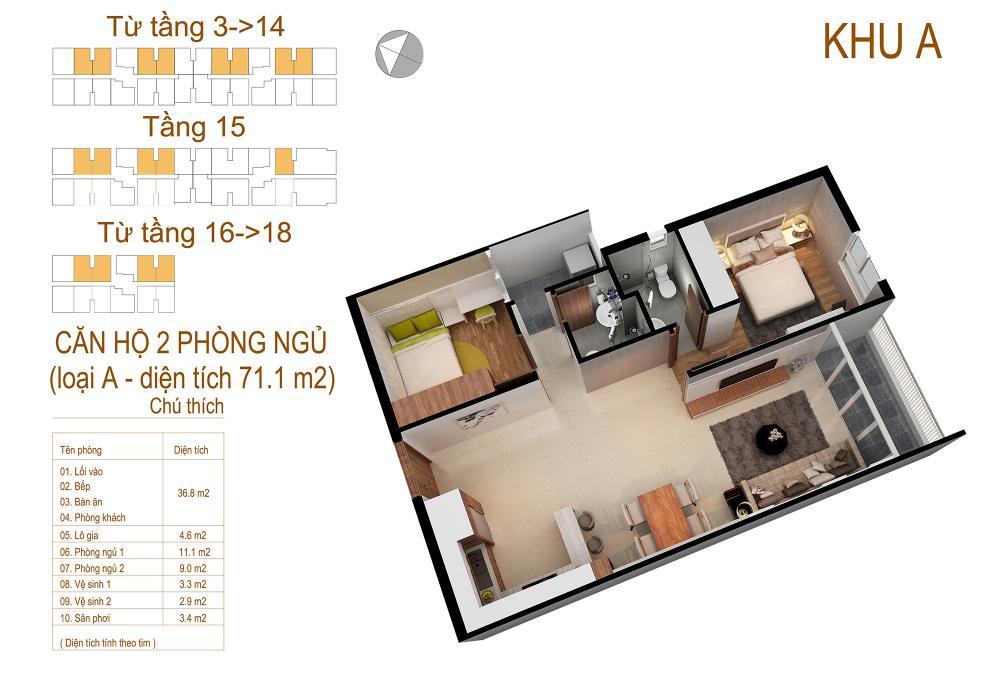 Căn hộ 2 PN - 71.1m2