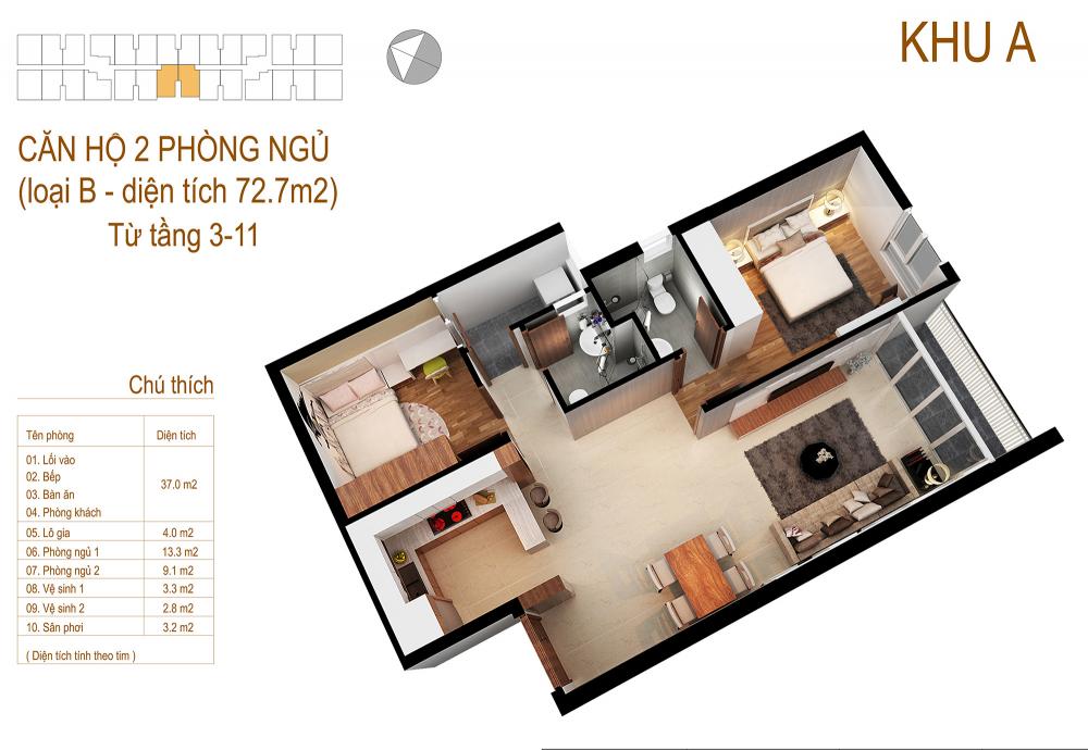 Căn hộ 2 PN - 72.7m2