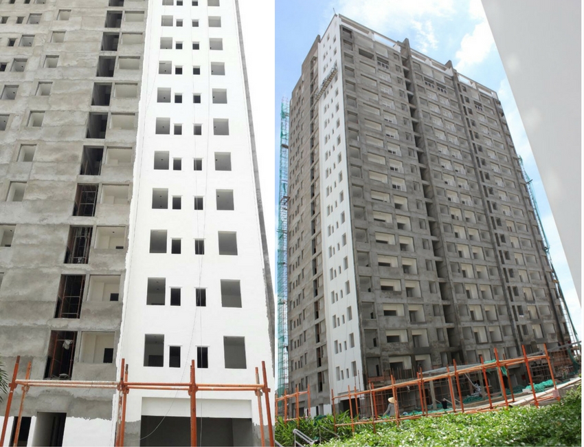 Block D đã hoàn thiện bên trong đang matit và gắn cửa sổ bên ngoài